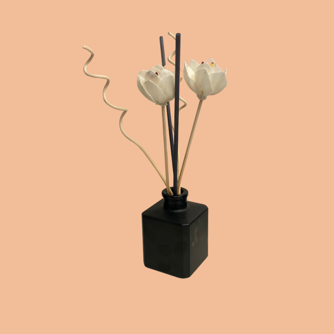 stylish reed diffuser paired with a black vase filled with white flowers, set against a soft pink background. The setup exudes elegance and sophistication, adding a touch of charm to your space.