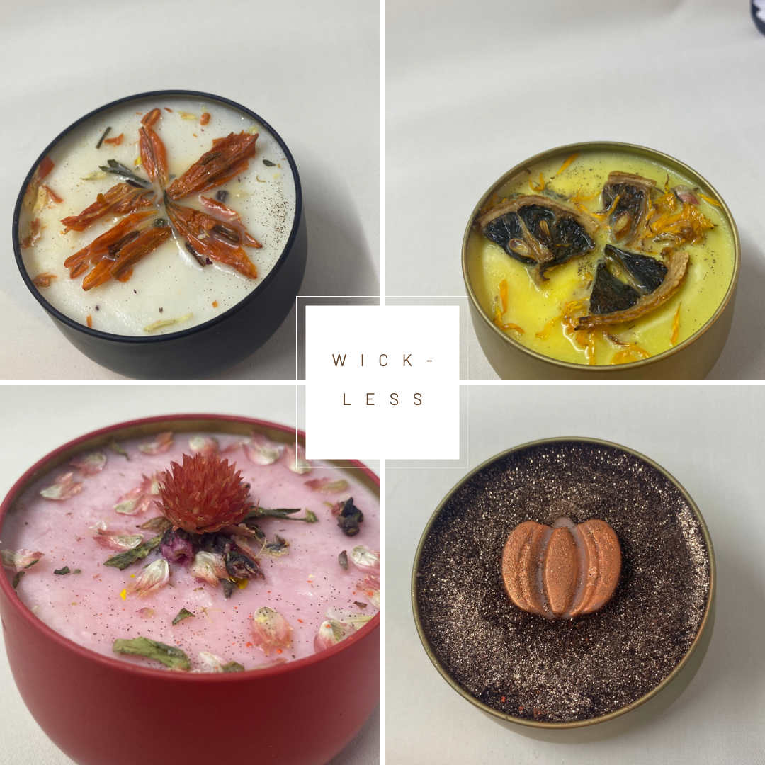A collage of four wickless candles, each uniquely decorated with natural elements like dried flowers, citrus slices, and spices. The candles are set in colorful containers, showcasing a variety of vibrant designs and textures.