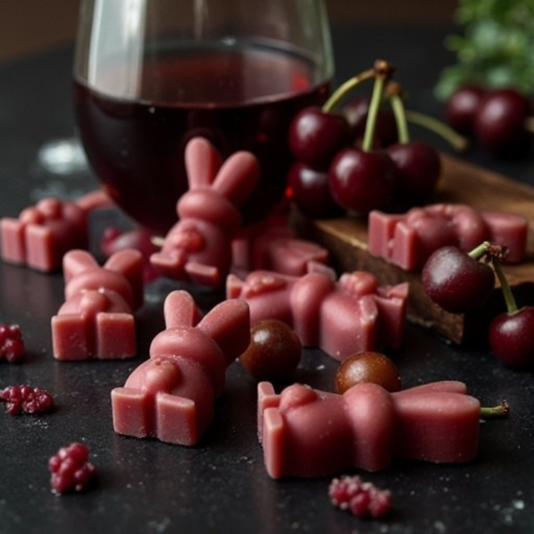 Eight black cherry-colored bunny-shaped candles arranged on a reflective black surface, surrounded by bits of black cherry fruit. Beside them stands a large glass of red wine, while a pile of black cherries rests on a wooden surface in the background.
