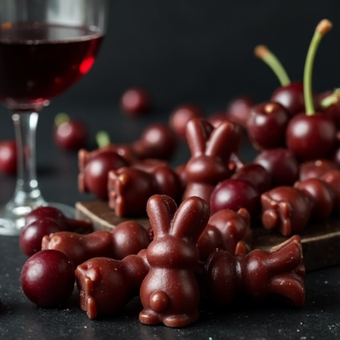 A set of black cherry-colored bunny-shaped candles arranged on a reflective black surface, surrounded by black cherry fruits. Beside them stands a large glass of red wine, while a pile of black cherries rests on a wooden surface in the background.