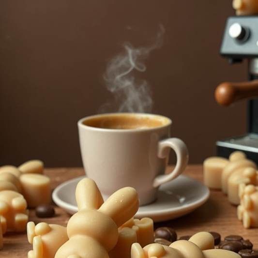 Creme vanilla and sweet buttercream-colored bunny-shaped wax melt scented candles, surrounded by coffee beans, with a steaming cup of brewed coffee in the background and a coffee machine behind it.