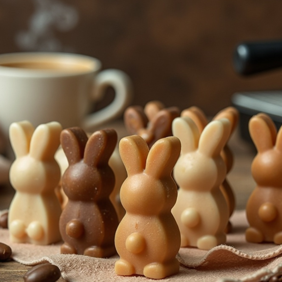 Creme vanilla, dark coffee, brewed coffee, sweet buttercream-colored bunny-shaped wax melt scented candles, surrounded by coffee beans, with a steaming cup of brewed coffee in the background and a coffee machine behind it.