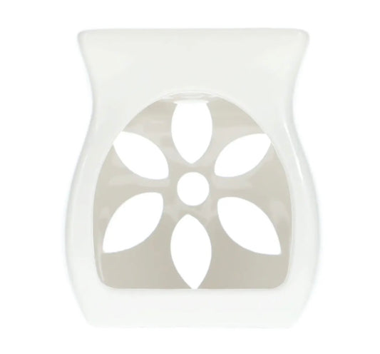 A white tea light candle warmer placed on a plain white background, highlighting the warmth of the scene, creating a cozy atmosphere.