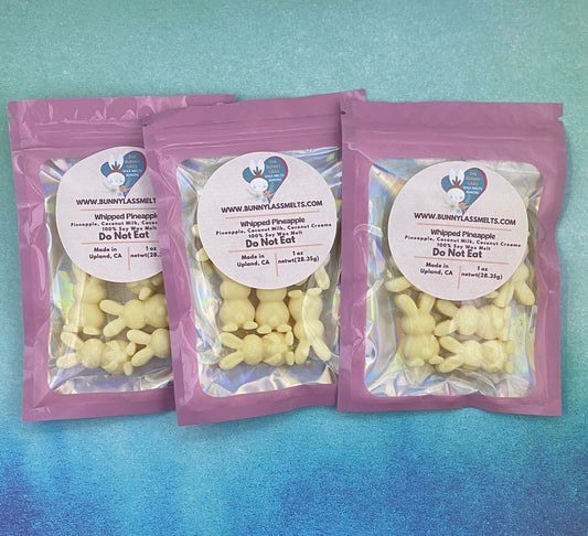 Cream white-colored bunny-shaped soy wax melts neatly packed in three clear pouches, placed on a soft blue flat surface. The delicate setup exudes a charming and minimal aesthetic, perfect for capturing cozy and playful vibes.