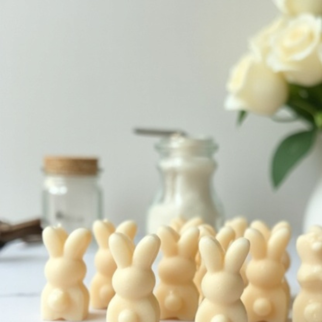 A set of creamy vanilla-colored bunny-shaped wax melt scented candles, standing in front of a vase of white roses, with jars in the background.