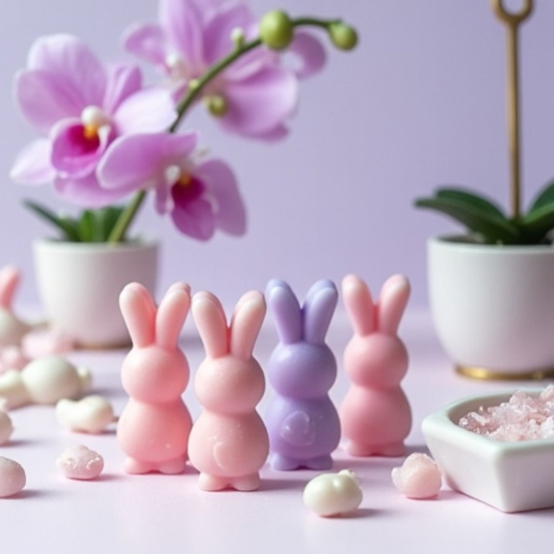 Four bunny-shaped soy wax melts in pink and dark purple, with sea salt scattered around them. An orchid in a vase is in the background, along with another mini vase without a flower, both slightly blurred.