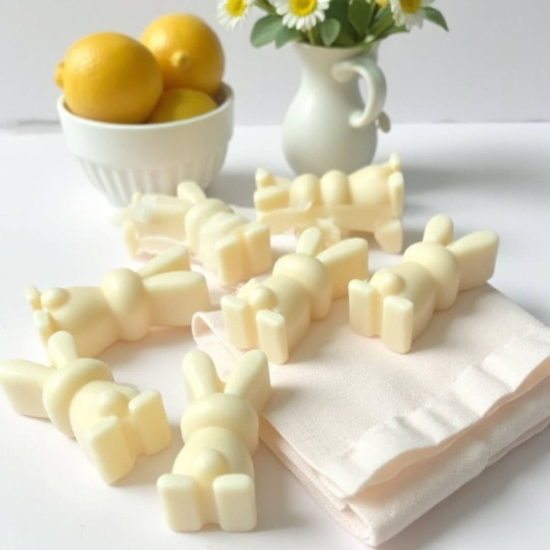 Many bunny-shaped Sun-Kissed Linen wax melts laid out on a cream-pink flat surface, with a bowl of lemon fruit and a vase of white flowers in the background, now placed on top of folded white towels.