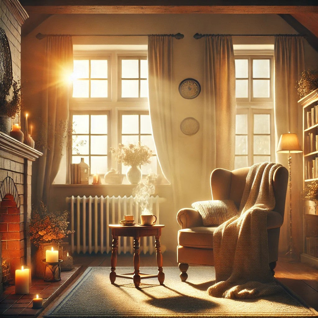 A cozy, sunlit living room with a comfy chair, a lit candle, and a cup of tea, evoking warm memories.