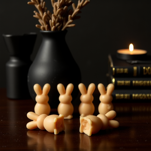 A set of bunny-shaped wax melt scented candles, resting on a wooden table. Behind them is a black jar with brown bushes, a set of black books, and a lit candle placed on top of the books. The background is black.