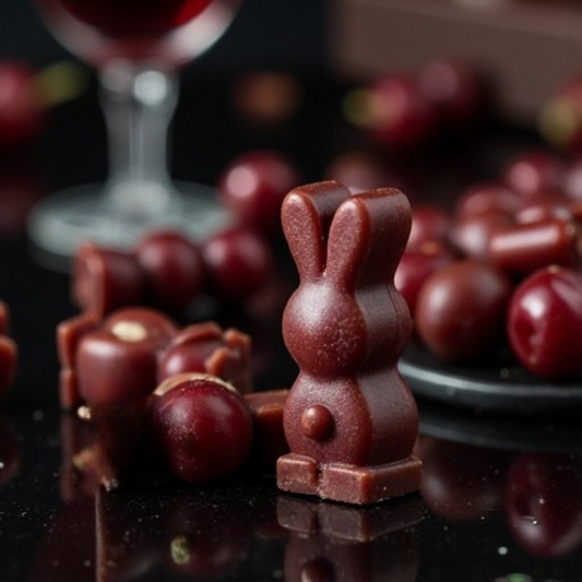 Black cherry-colored bunny-shaped scented soy wax melts and a matching candle standing on a black glass reflecting table, accompanied by a black cherry fruit piece. In the background, a full serving of black cherries on a black plate and additional cherries are paired with a glass of red wine.