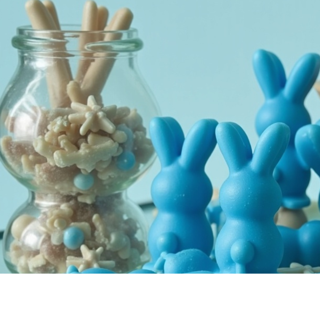 Ocean-inspired bunny-shaped wax melt scented candle in ocean-themed colors alongside a jar filled with ocean sand and shells behind it.