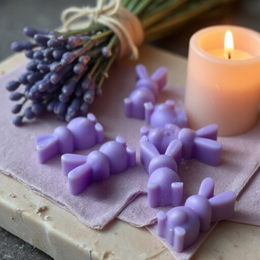 Close-up of seven lavender bunny-shaped wax melts alongside a lit candle and lavender twigs laying on a purple clothe