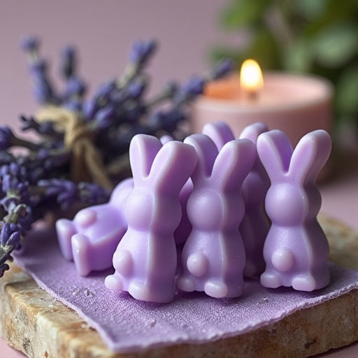 Close-up shot of a mini lavender bunny-shaped wax melt candle, next to a lit candle in a jar and a bouquet of lavender twigs.