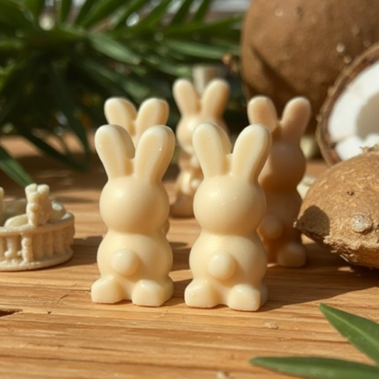 Four cream colored, small bunny shaped wax melts standing near an open coconut