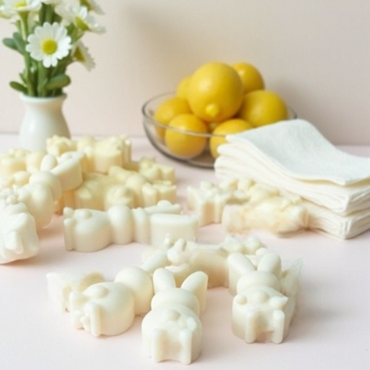 Multiple bunny-shaped Sun-Kissed Linen wax melts arranged on a cream-pink flat surface, accompanied by folded white towels, a bowl of lemon fruit, and a vase of white flowers, with a white wall in the background.